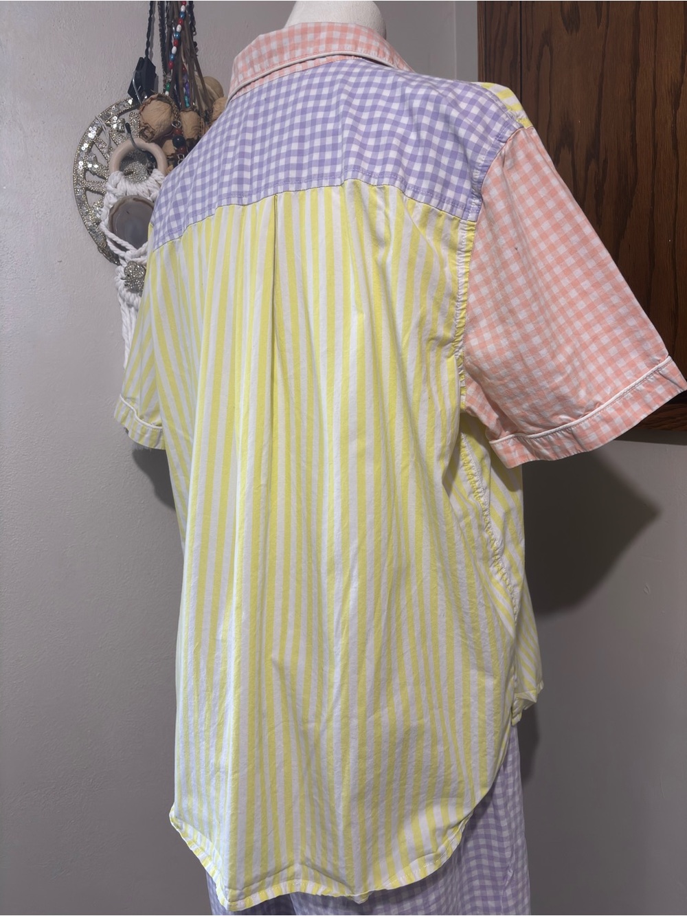 Vintage Lands' End Gingham Stripe Pajama Set Large Yellow Pink Cozy 100% Cotton - Picture 7 of 14